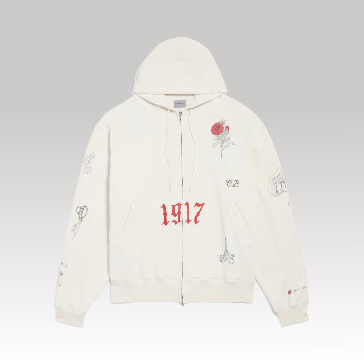 Balenciaga Tattoo Oversized Zip-up Hoodie in Cream_00000
